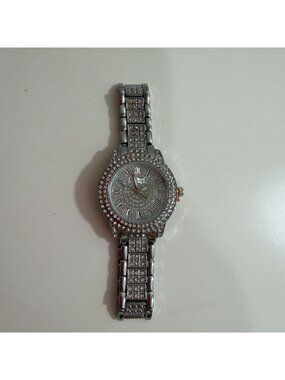 Silver Tone Iced Out Bling Watch Rhinestone Bezel Roman Numeral Dial Link